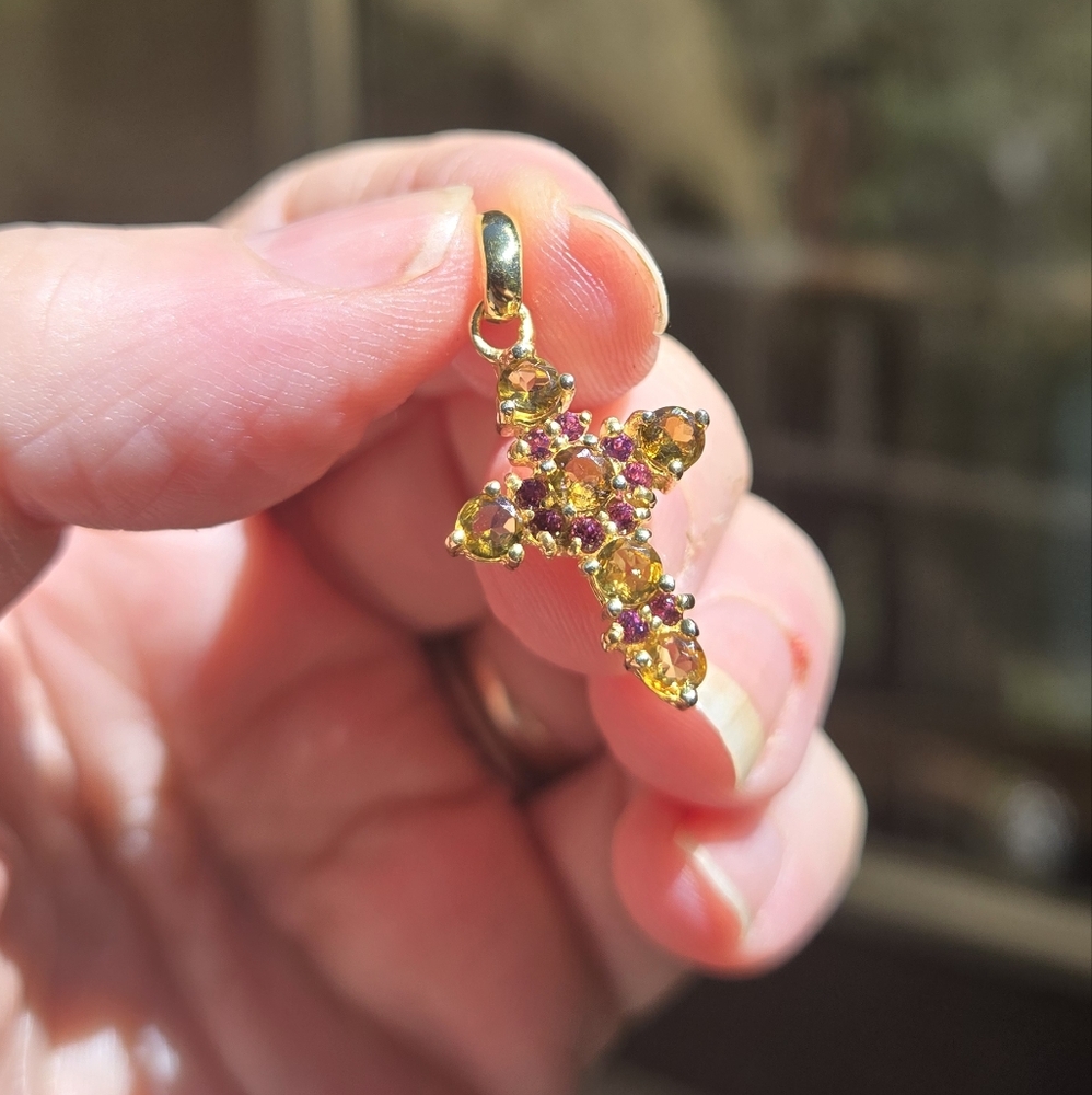 Tourmaline & Rhodolite Natural Sterling & Gold Cross Pendant Necklace 1" - Picture 8 of 10